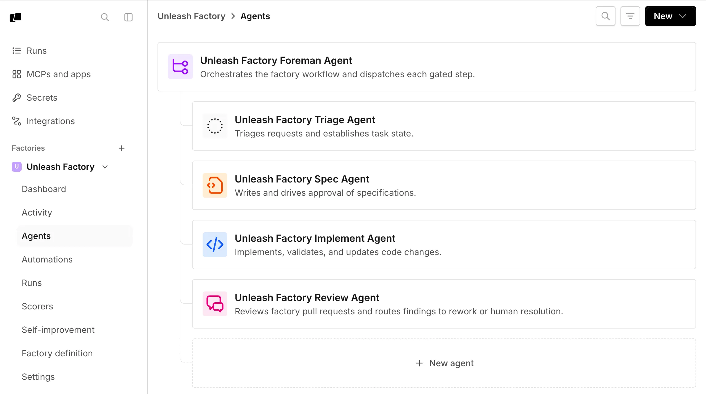 The Agents page in the factory dashboard, listing a foreman agent and its four default agents: triage, spec, implement, and review.